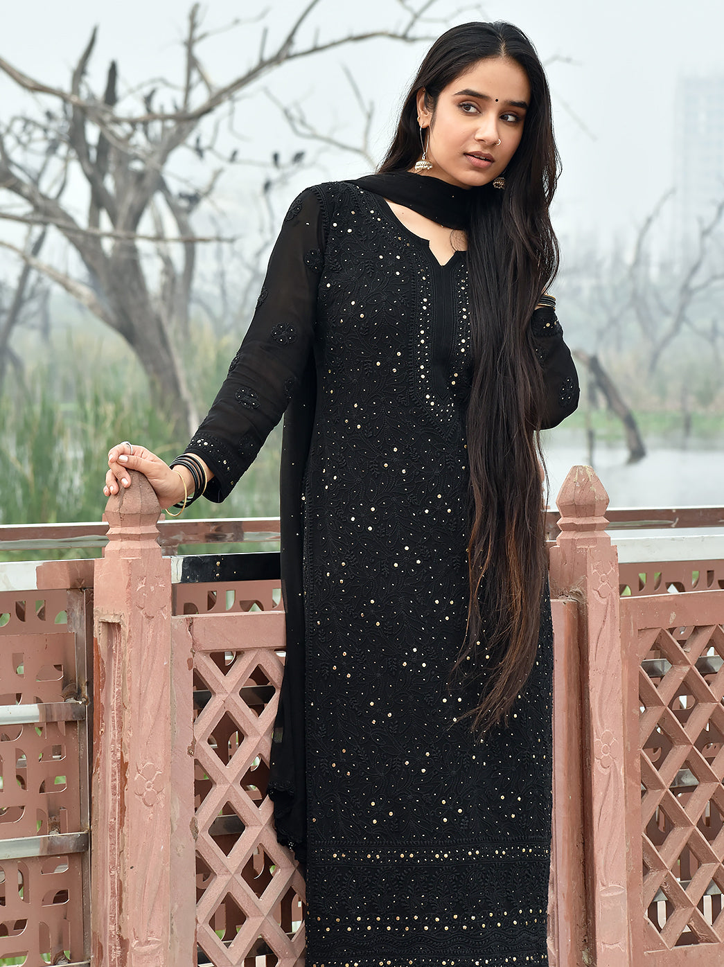 Sitara Chikankari Viscose Kurta Set with Dupatta - Black