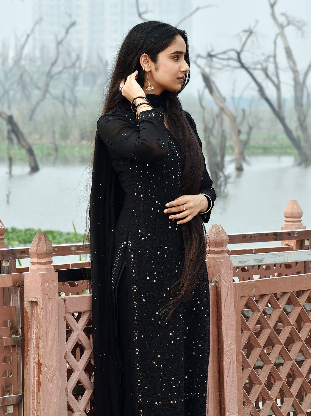 Sitara Chikankari Viscose Kurta Set with Dupatta - Black
