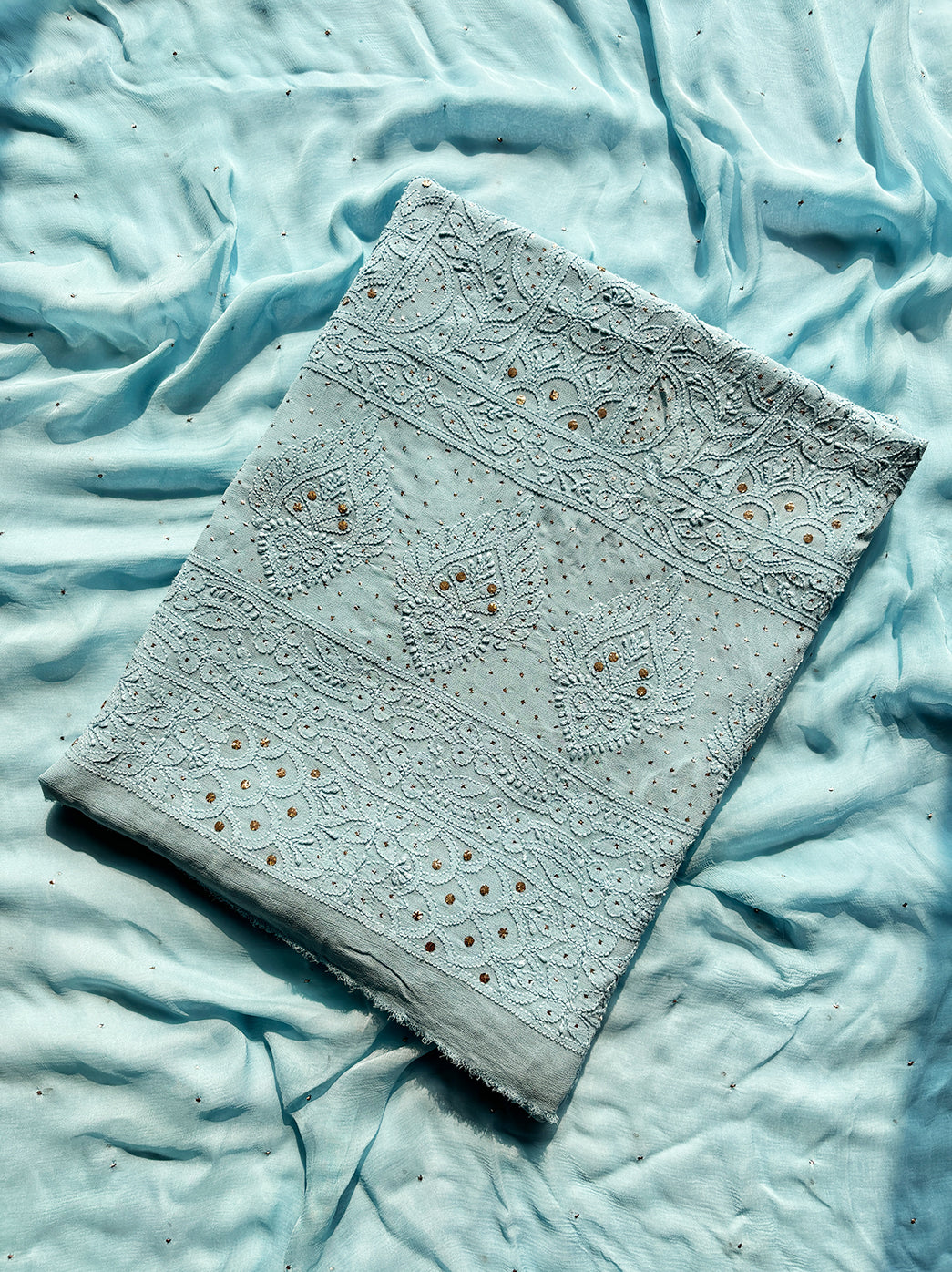 “Unstitched viscose chikankari kurti piece with dupatta featuring handcrafted Lucknowi embroidery and mirror work”