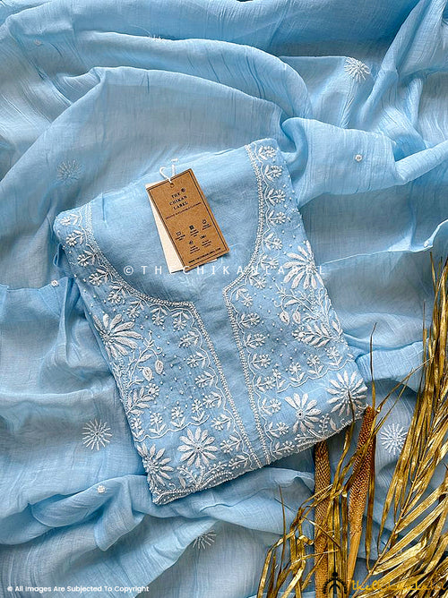 Sky Blue Gulaal Chanderi Mulmul Semi-Stitched Kurti Piece with Dupatta