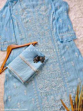Sky Blue Gulaal Chanderi Mulmul Semi-Stitched Kurti Piece with Dupatta