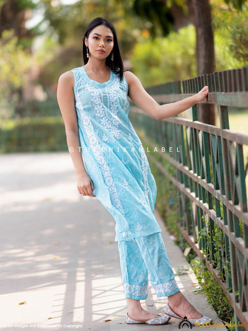 Sky Blue Aanya Cotton Chikankari Kurta Set ,Chikankari Kurta Set in Cotton Fabric For woman 