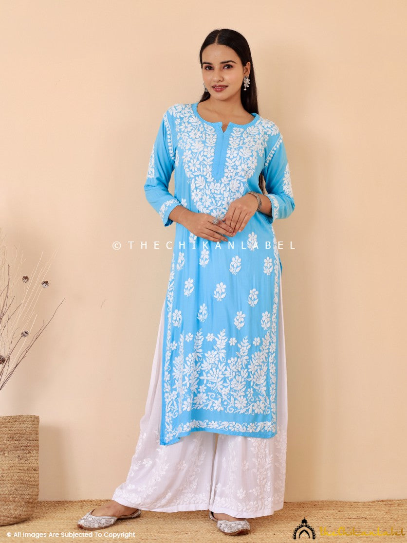 Sky Blue Aashi Modal Chikankari Straight Kurti