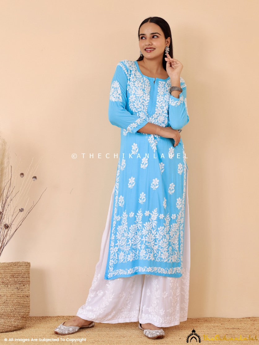 Sky Blue Aashi Modal Chikankari Straight Kurti