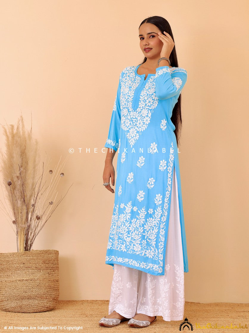 Sky Blue Aashi Modal Chikankari Straight Kurti