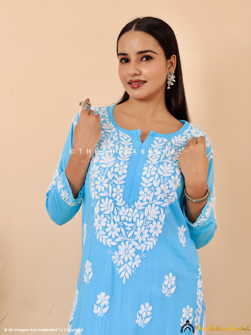 Sky Blue Aashi Modal Chikankari Straight Kurti