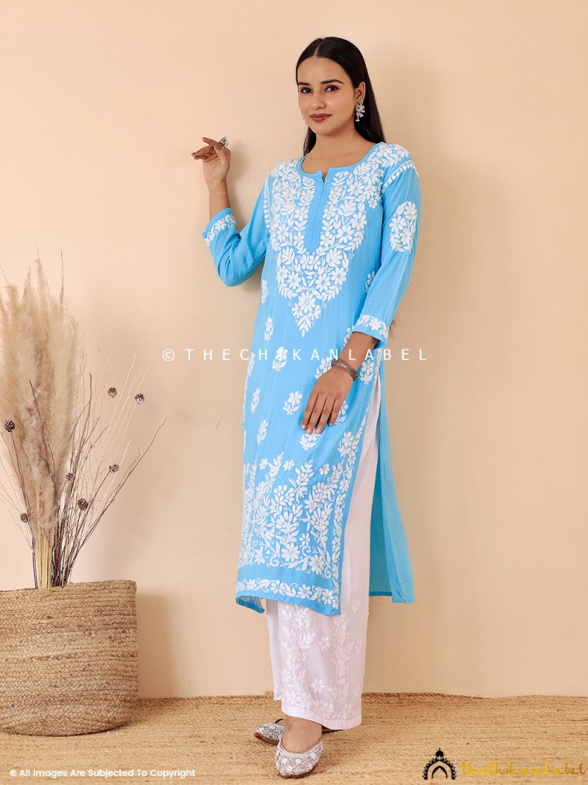 Sky Blue Aashi Modal Chikankari Straight Kurti