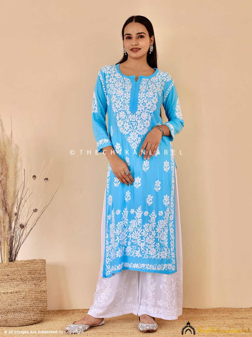 Sky Blue Aashi Modal Chikankari Straight Kurti