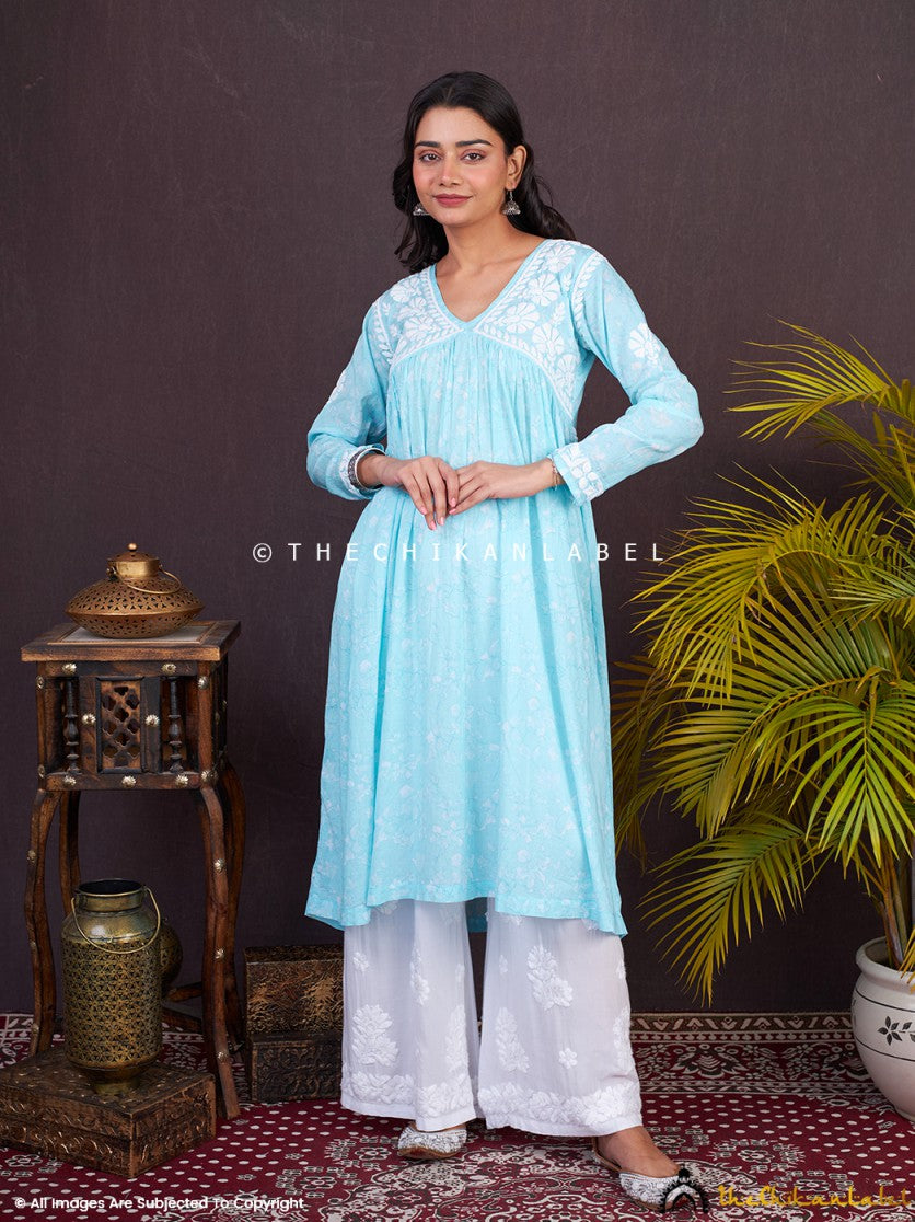 Sky Blue Alia Mulmul Chikankari Anarkali ,Chikankari Anarkali in Mulmul Fabric For Woman