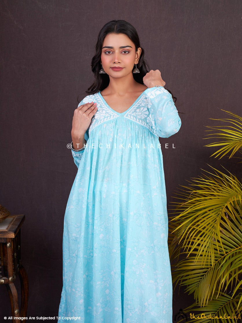Sky Blue Alia Mulmul Chikankari Anarkali ,Chikankari Anarkali in Mulmul Fabric For Woman