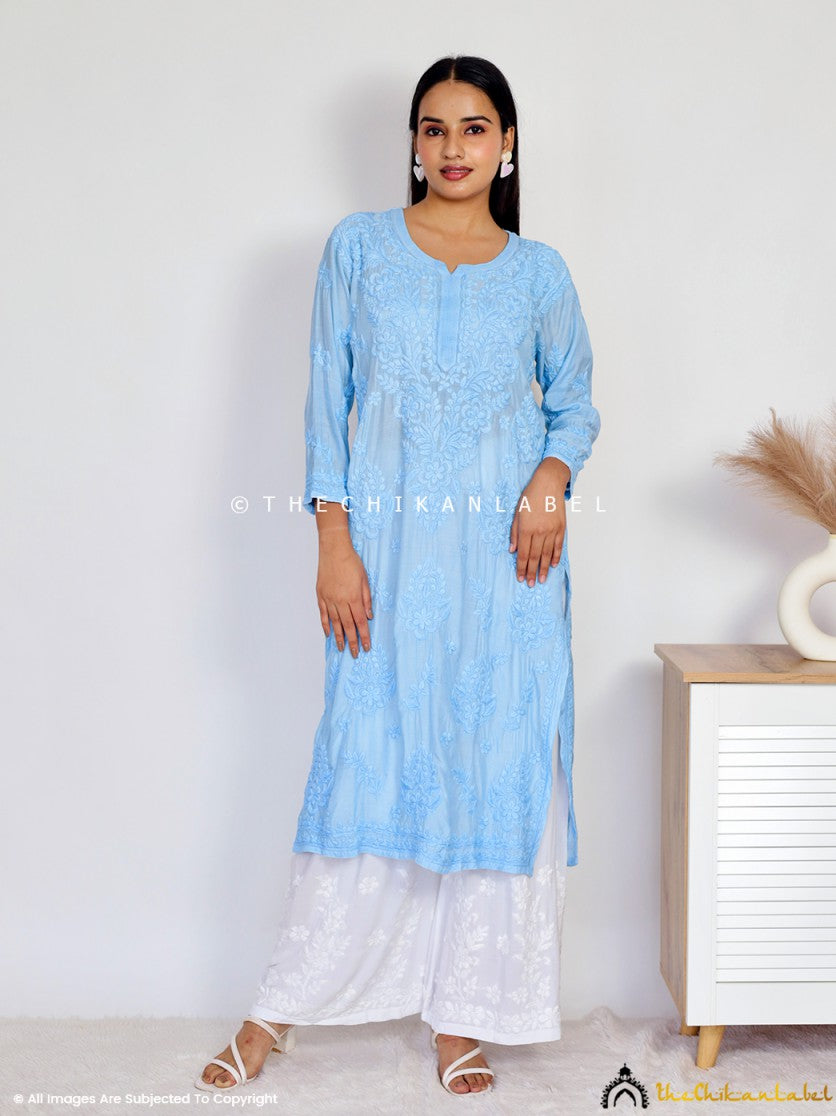 Sky Blue Daksha Muslin Chikankari Straight Kurti