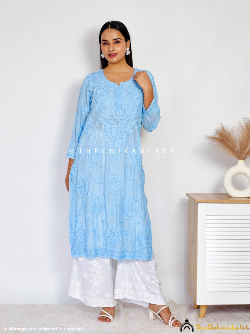 Sky Blue Daksha Muslin Chikankari Straight Kurti