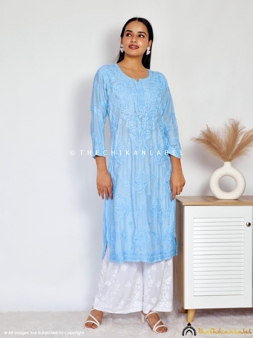 Sky Blue Daksha Muslin Chikankari Straight Kurti