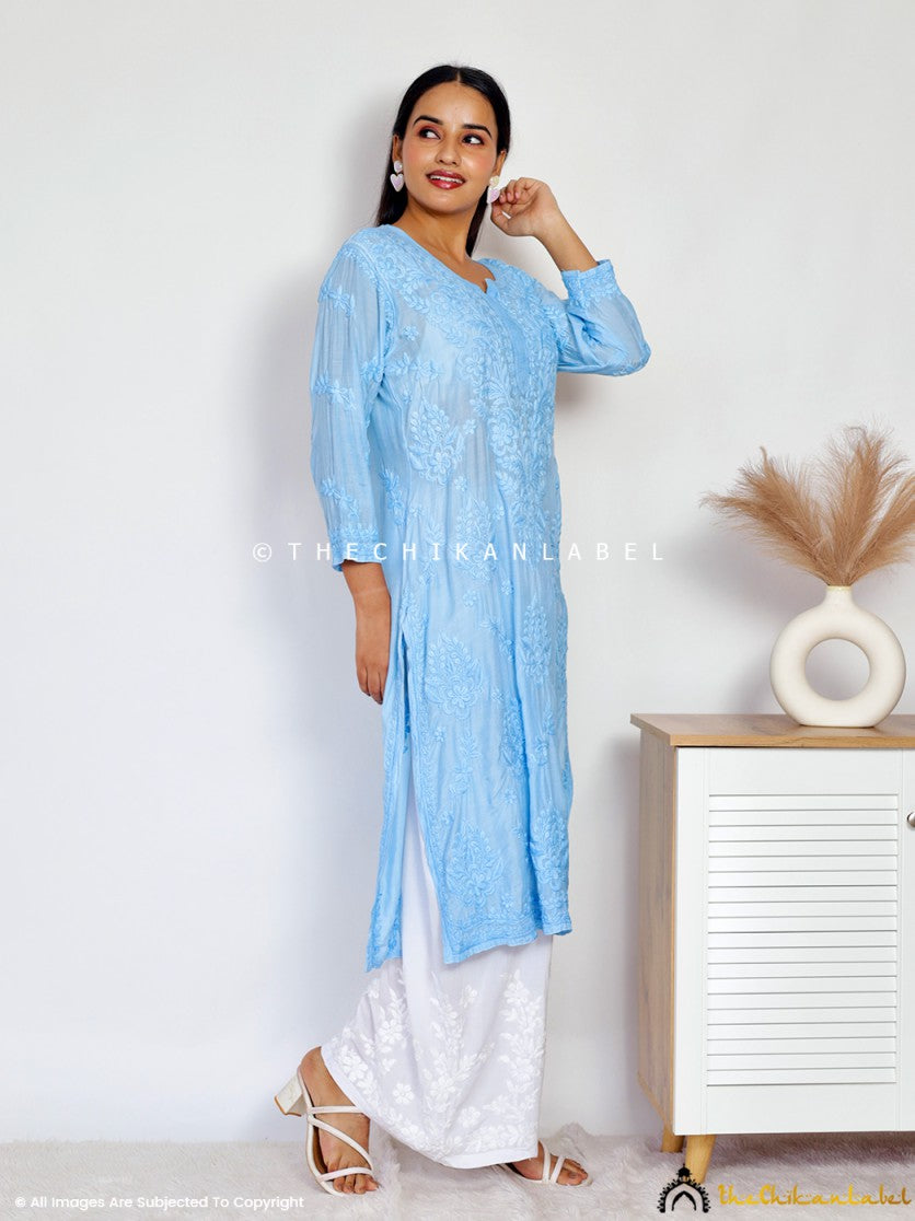 Sky Blue Daksha Muslin Chikankari Straight Kurti