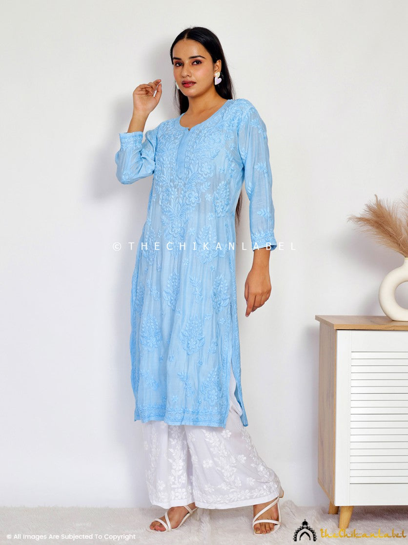 Sky Blue Daksha Muslin Chikankari Straight Kurti