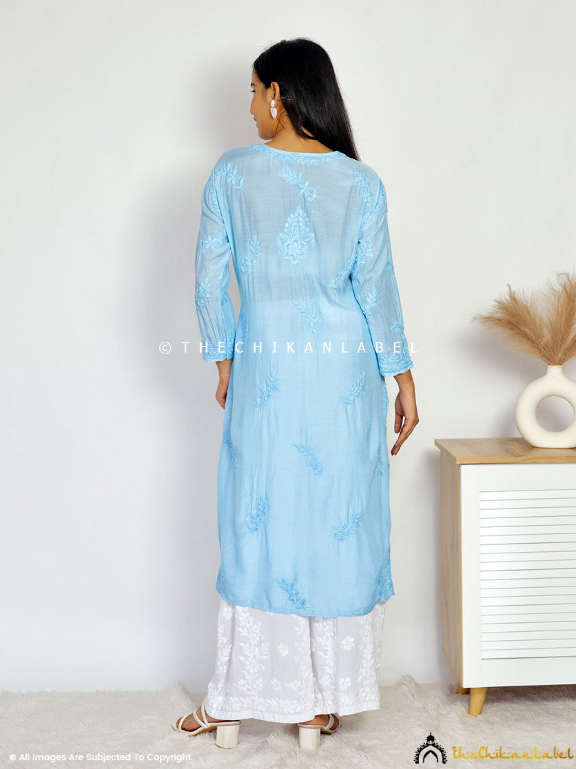 Sky Blue Daksha Muslin Chikankari Straight Kurti