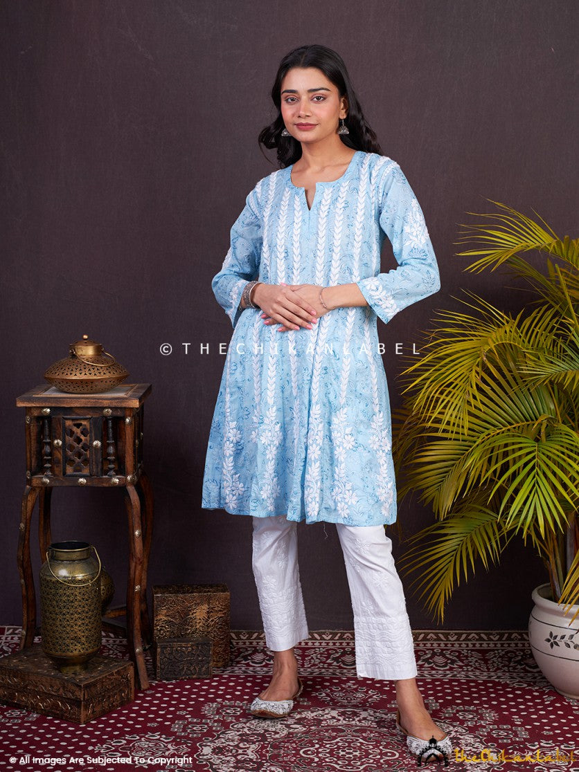 Sky Blue Firosha Mulmul Chikankari Short Anarkali