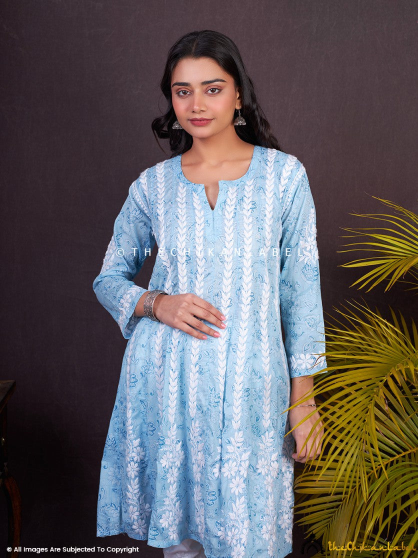 Sky Blue Firosha Mulmul Chikankari Short Anarkali ,Chikankari Short Anarkali in Mulmul Fabric For Woman