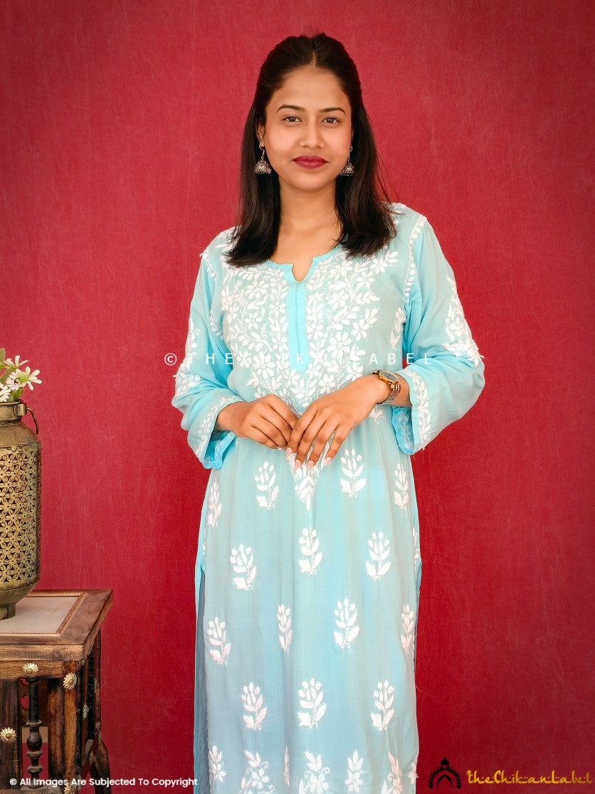 Blue Modal Chikankari Straight Kurti ,Chikankari Straight Kurti in Modal fabric for Woman