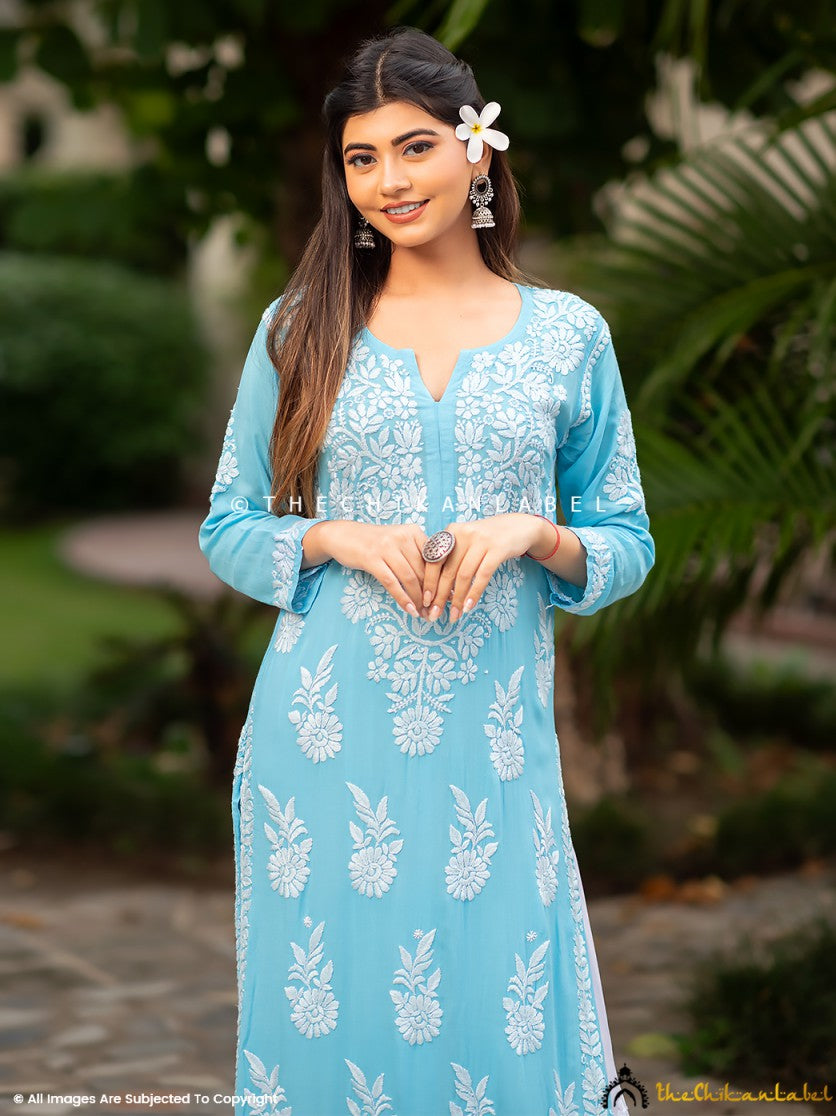 chikankari straight kurtis, modal chikankari kurti, chikankari straight kurti in modal fabric online, Buy sky blue chikankari kurti online for women at best prices