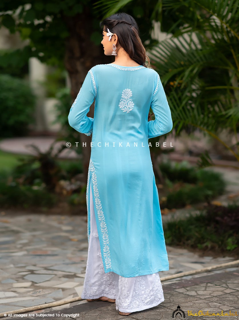 Sky Blue Aidah Modal Chikankari Straight Kurti ,Chikankari Straight Kurti in Modal Fabric For Woman