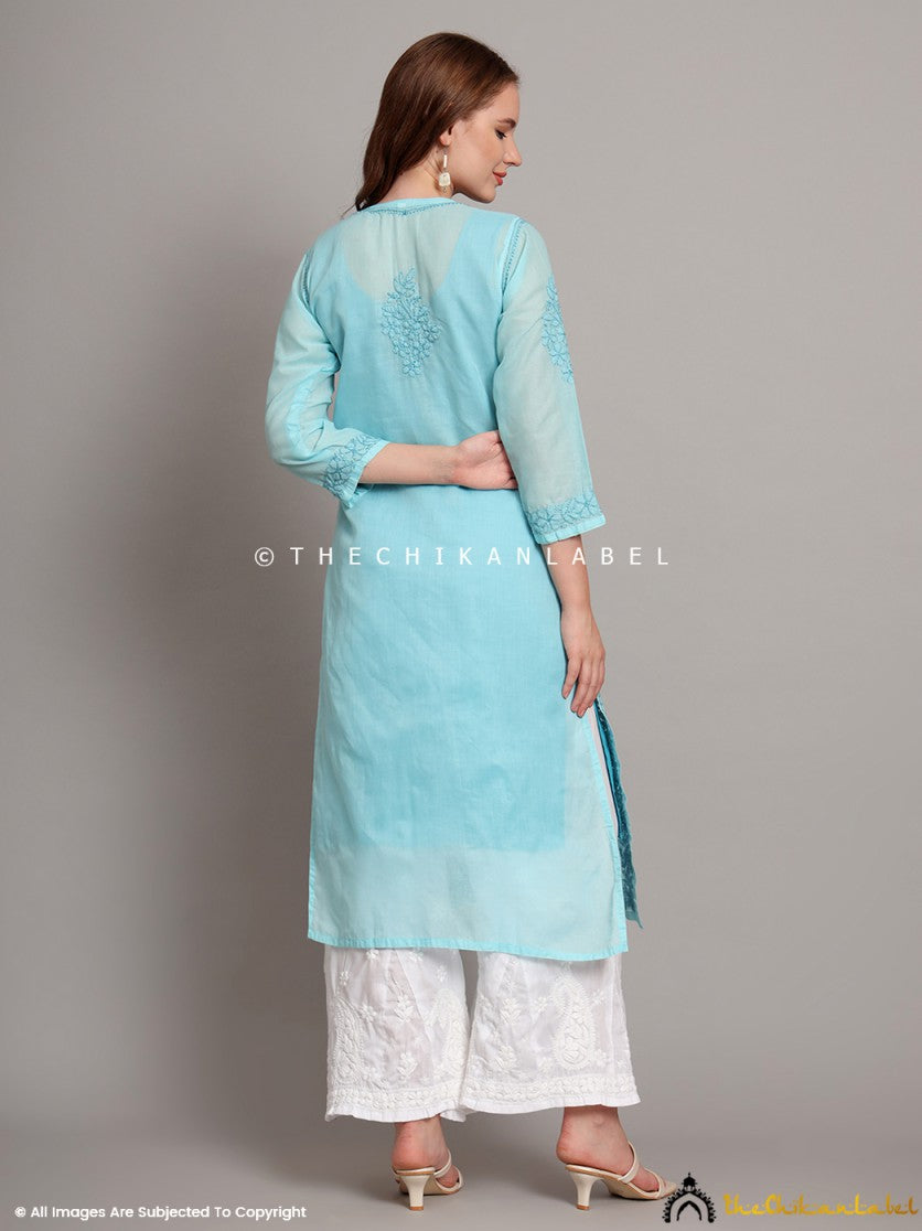 Sky Blue Naina Cotton Chikankari Straight Kurti with inner