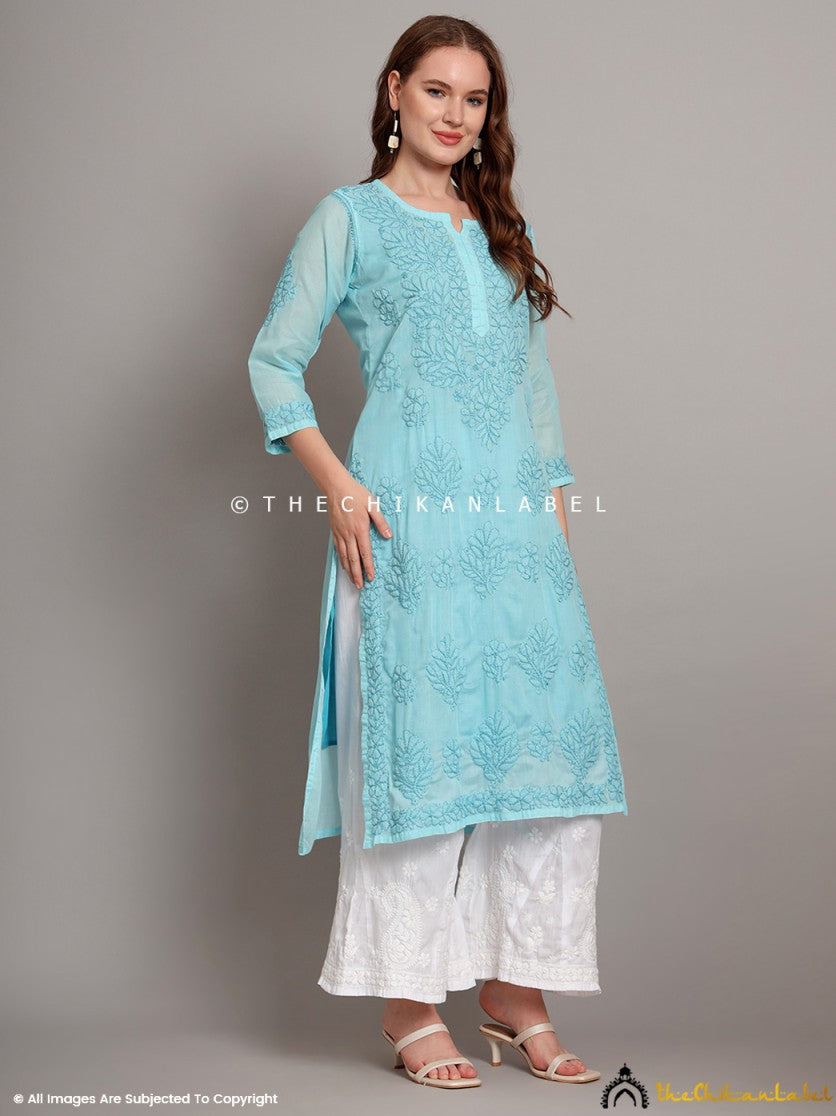 Sky Blue Naina Cotton Chikankari Straight Kurti with inner