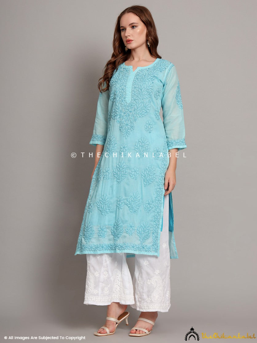 Sky Blue Naina Cotton Chikankari Straight Kurti with inner