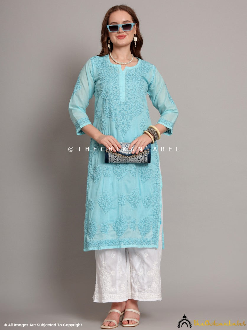 Sky Blue Naina Cotton Chikankari Straight Kurti with inner