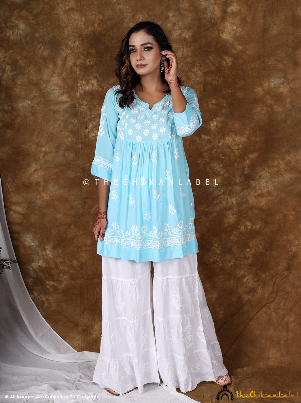 Sky Blue Navya Modal Chikankari Tunic Top , Chikankari Tunic Topi n Modal Fabric For Woman