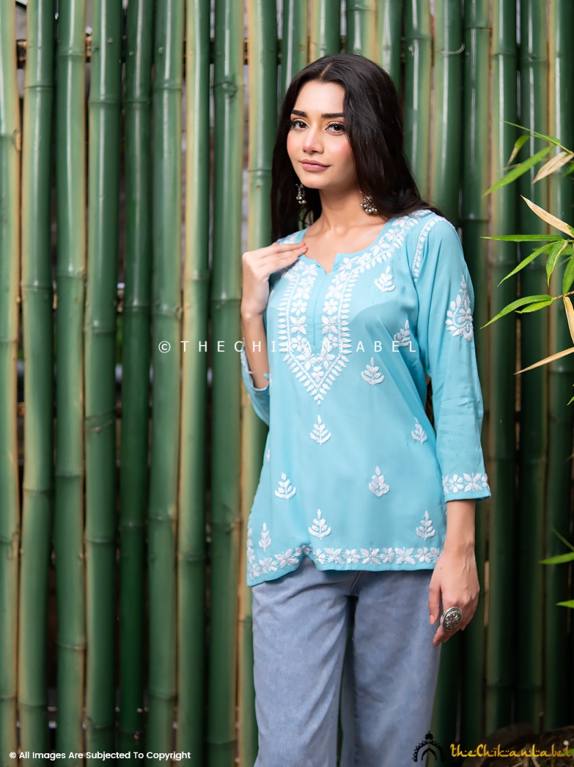 Sky Blue Geet Modal Chikankari Short Top , Chikankari Short Top in Modal Fabric For Woman