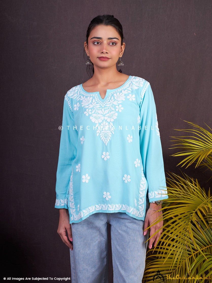 Sky Blue Sangeet Modal Chikankari Short Kurta ,Chikankari Short Kurta in Modal Fabric For Woman