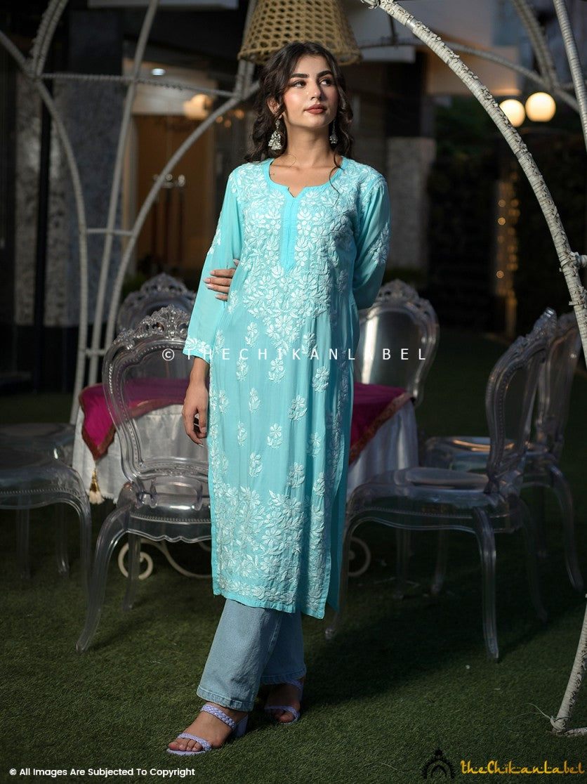 Sky Blue Vaani Modal Chikankari Straight Kurti ,Chikankari Straight Kurti in Modal Fabric For woman