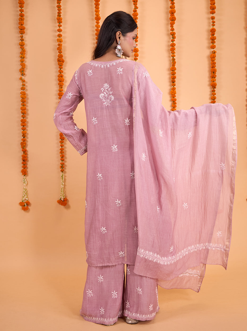 Full-length view of the Sofia Mul Chanderi Kurta Set with Dupatta, showing floral vine embroidery on the kurta and scattered motifs on the palazzo pants.