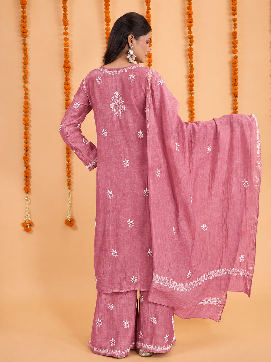 Full-length view of the Sofia Chikankari kurta set, showing a long embroidered kurta, flowing palazzo-style trousers and a dupatta draped over one shoulder.