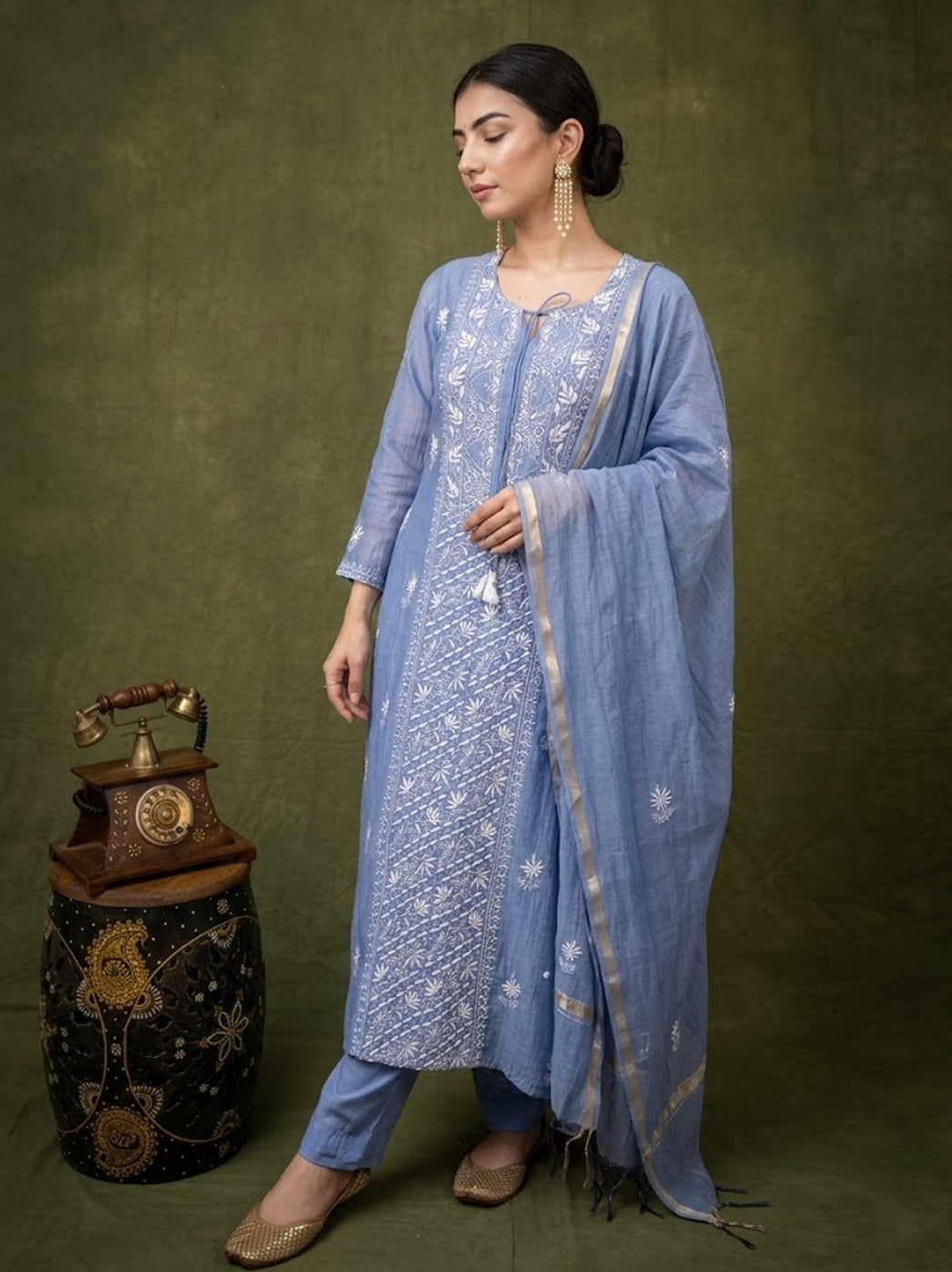 Sofiyana Mul Chanderi Chikankari Kurta Set with Dupatta - Blue