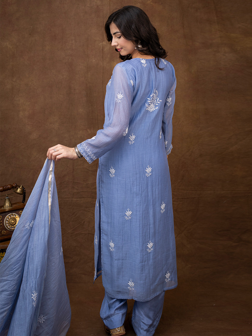 Straight fit chikankari kurta set with dupatta highlighting premium fabric finish and artisan detailing