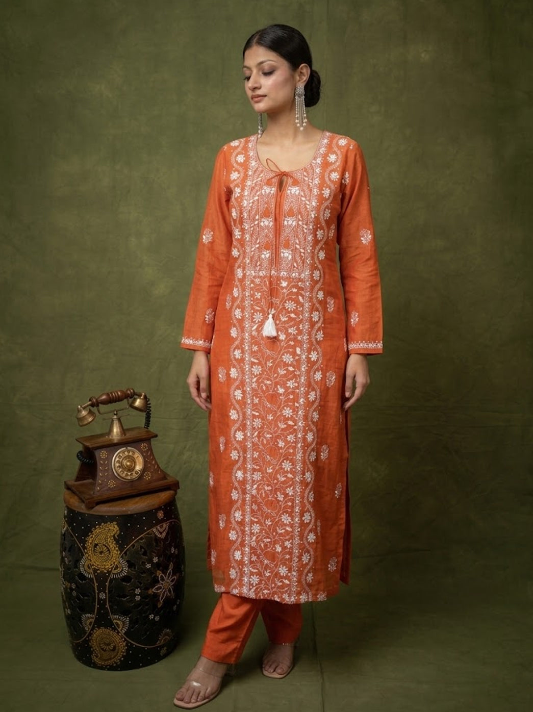 Sofiyana Mul Chanderi Chikankari Kurta Set with Dupatta - Orange