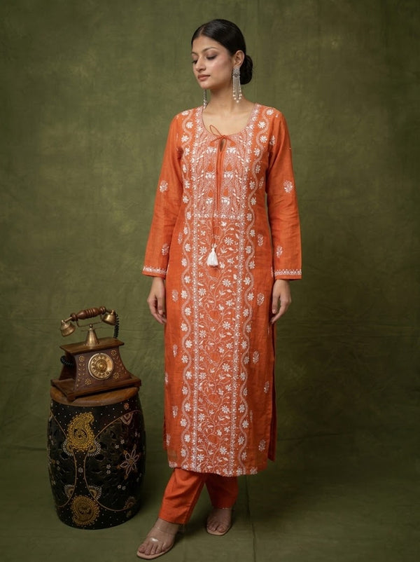 Sofiyana Mul Chanderi Chikankari Kurta Set with Dupatta - Orange