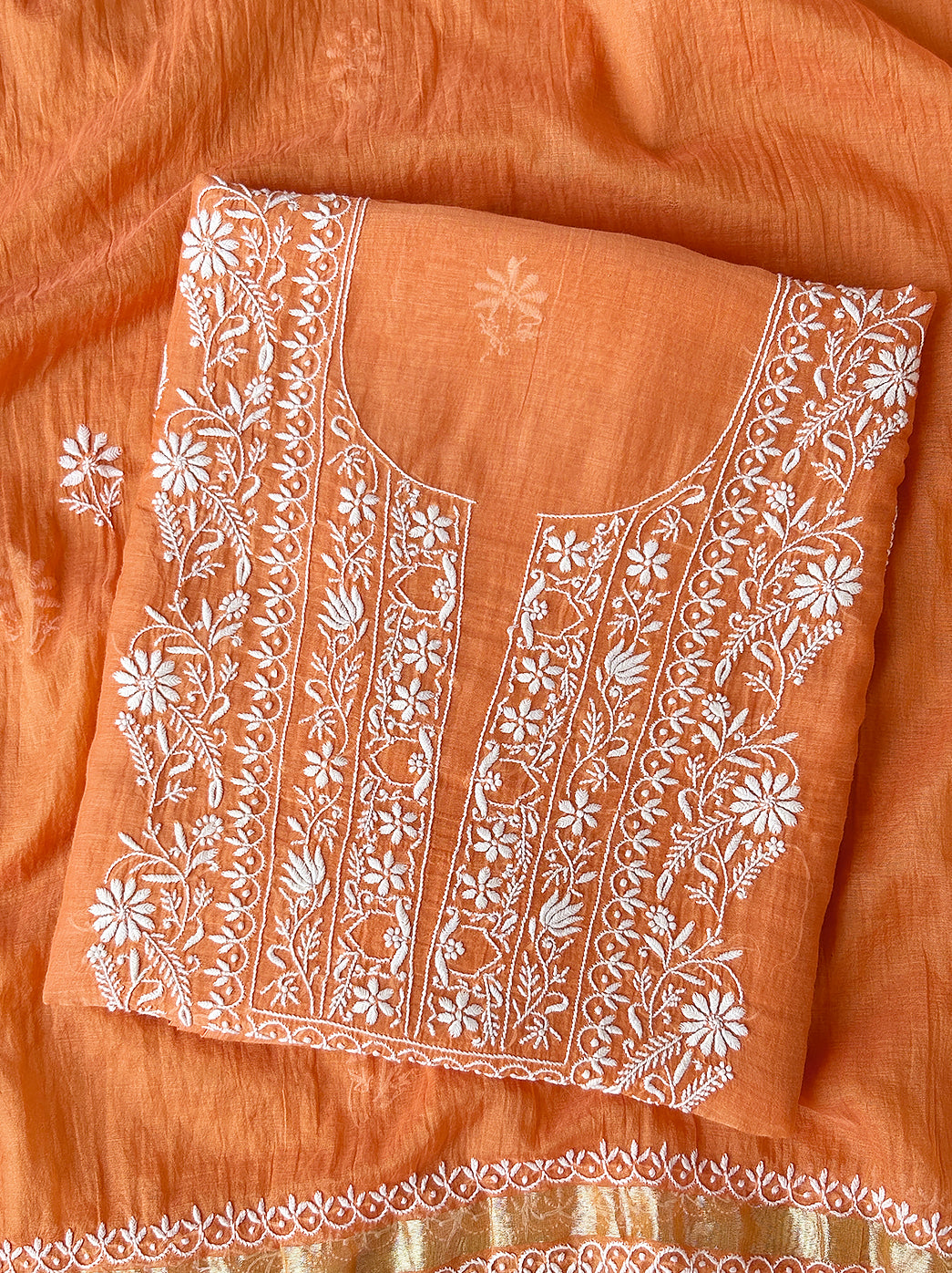 Traditional chikankari embroidered mul chanderi unstitched kurti set with fine craftsmanship and coordinated dupatta