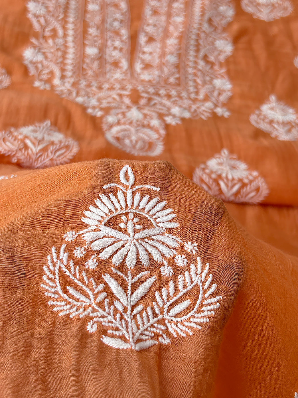 Mul chanderi chikankari unstitched dress material with artisan embroidery patterns and lightweight dupatta for versatile styling