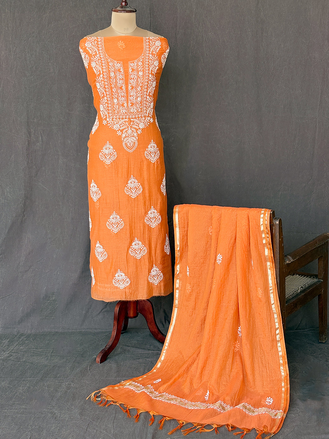 Mul chanderi chikankari unstitched kurti material with handcrafted motifs and airy dupatta for comfortable daily wear