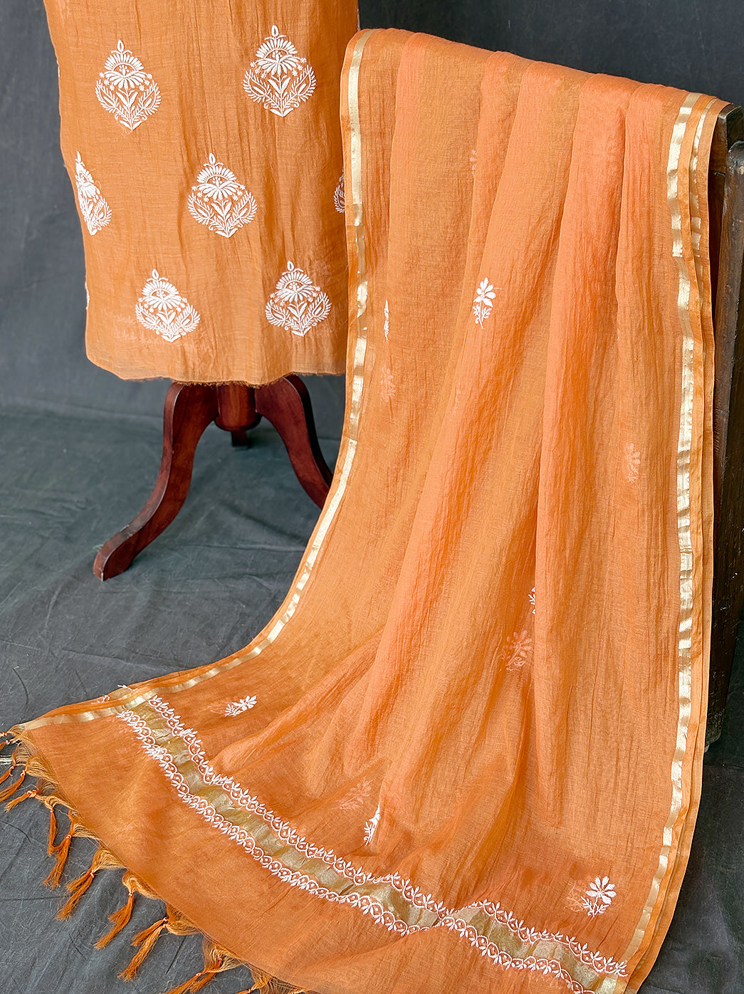 Handcrafted mul chanderi chikankari unstitched kurti fabric set with delicate threadwork and coordinated dupatta