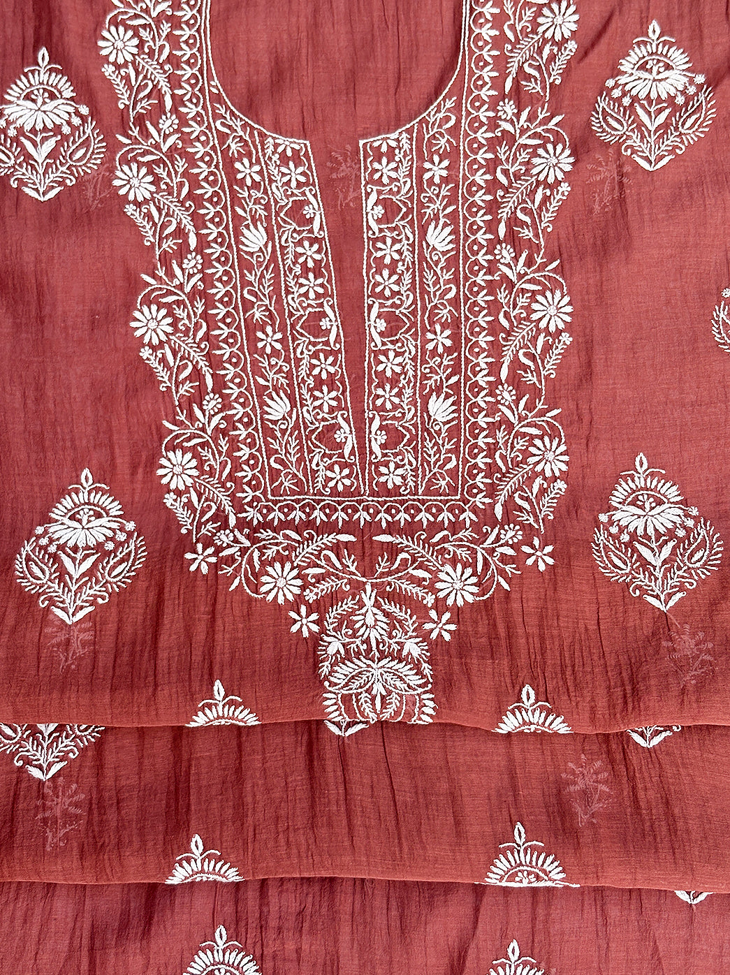 Unstitched chikankari kurti fabric with classic embroidery motifs and coordinated dupatta