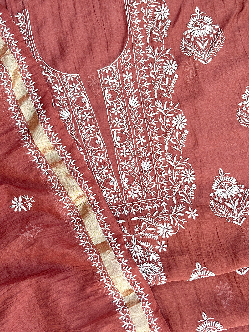 Handcrafted chikankari kurti material in mul chanderi fabric ideal for wedding and occasion wear