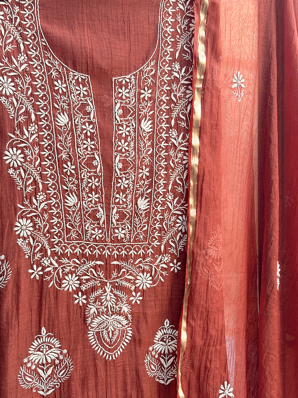Chikankari embroidered kurti piece with dupatta featuring traditional floral and vine patterns