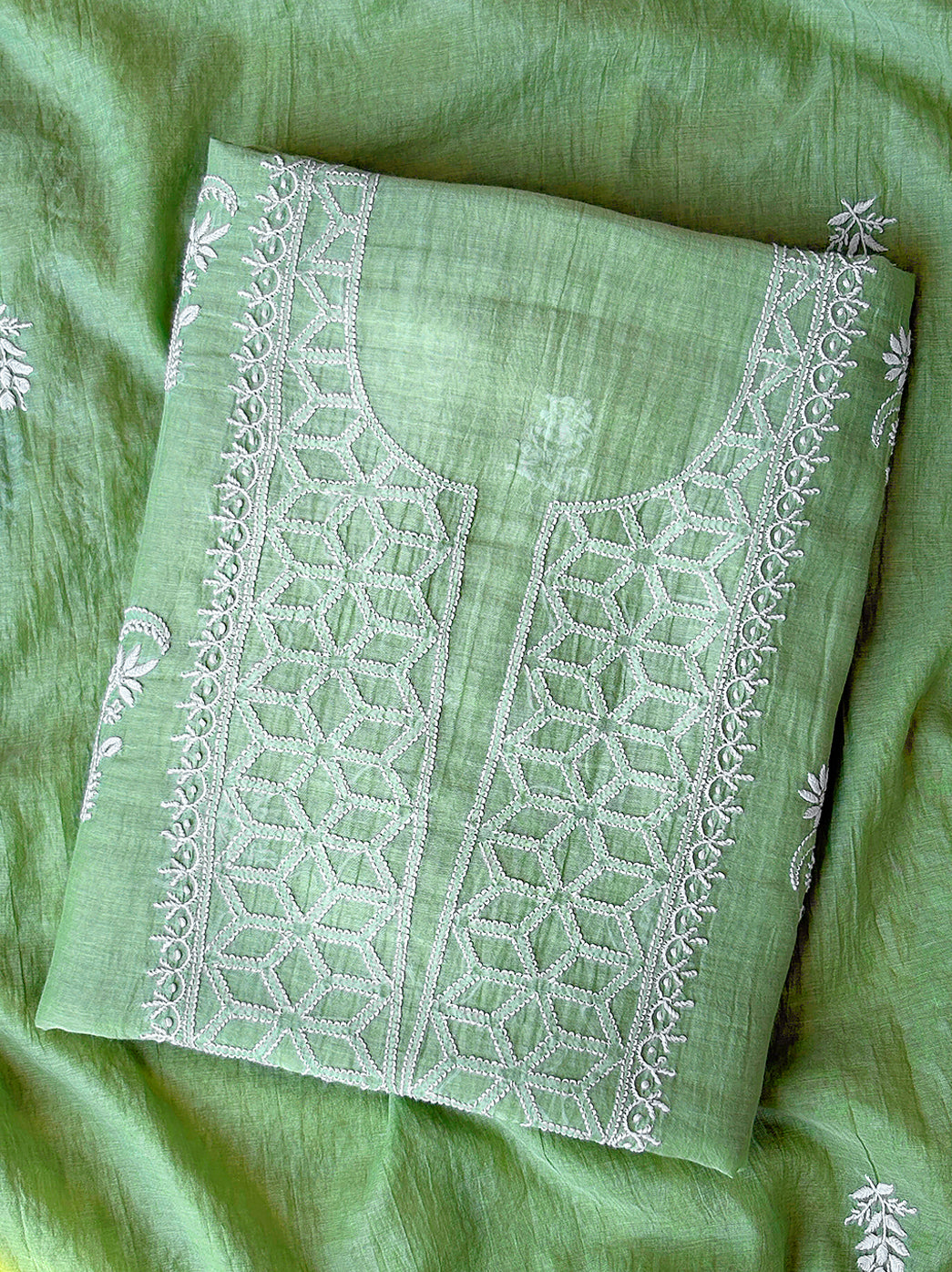 Fine mul chanderi chikankari unstitched kurti fabric with intricate hand embroidery and matching dupatta designed for classic ethnic outfits