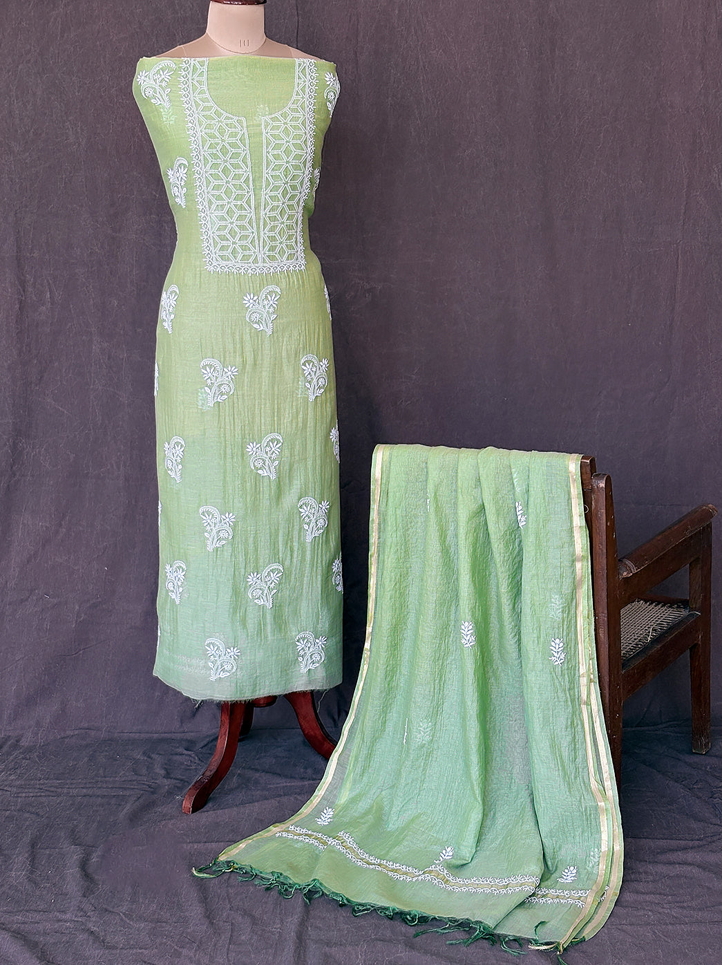 Premium mul chanderi unstitched kurti piece featuring intricate chikankari embroidery panel with coordinated dupatta showcasing fine artisan craftsmanship