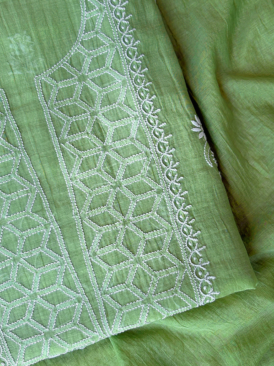 Handcrafted mul chanderi unstitched chikankari kurti fabric with detailed traditional embroidery and matching dupatta for elegant ethnic wear styling