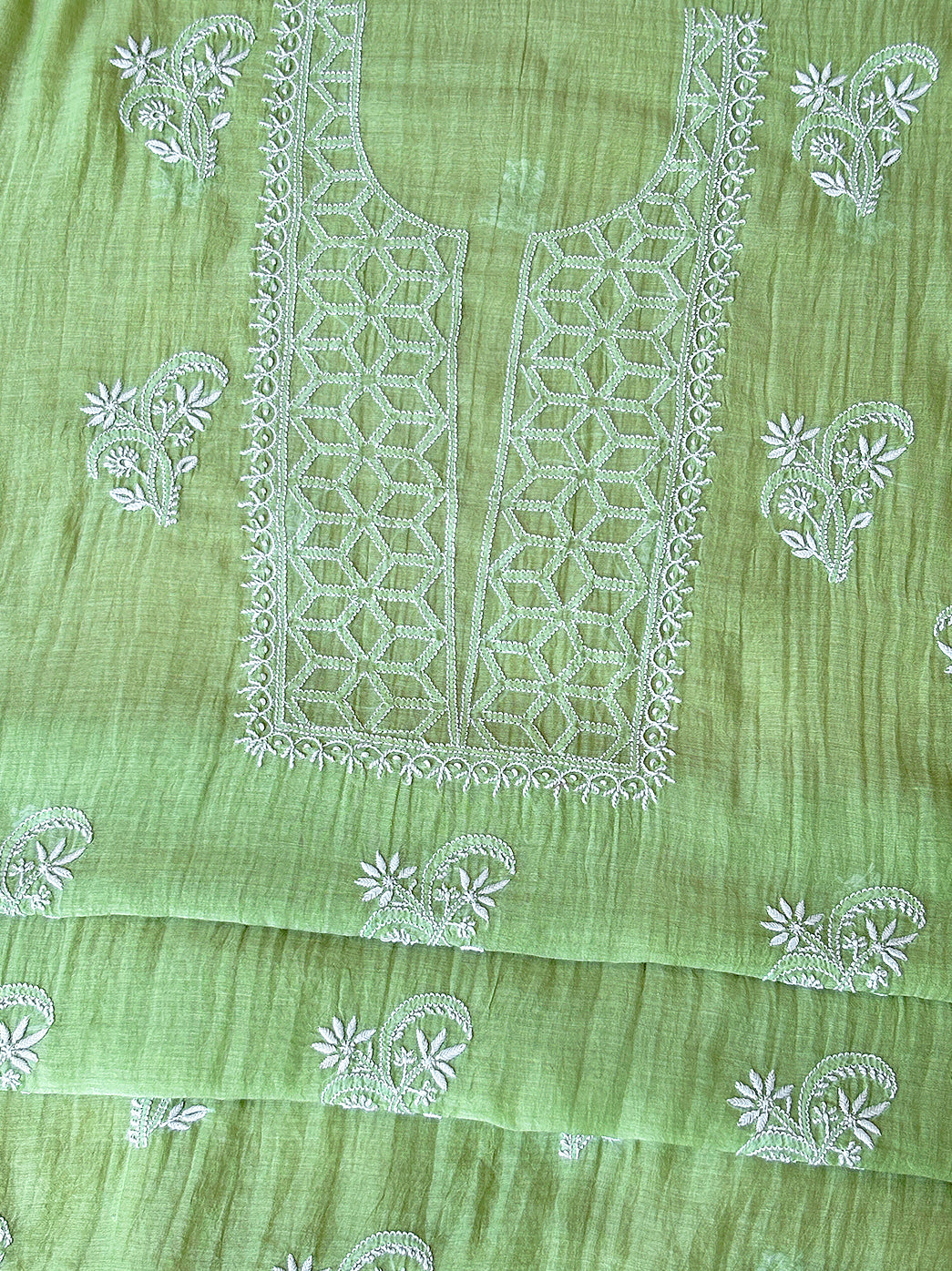 Authentic lucknowi chikankari unstitched mul chanderi kurti fabric with handcrafted motifs and lightweight dupatta for breathable comfort